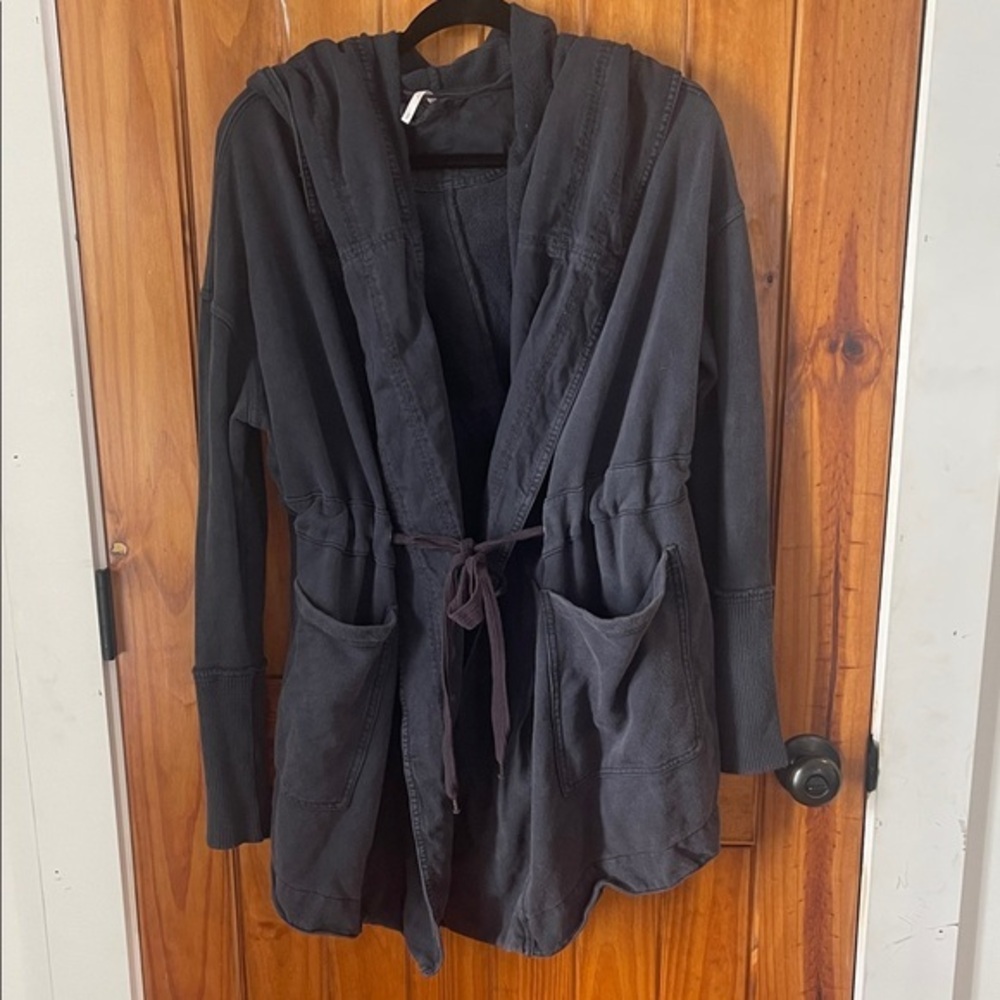 Free People Brentwood hooded open Cotton jacket belted Small tie waist utility